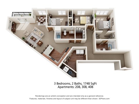 Floor plan for 3 beds, 2 baths, 1748 sqft